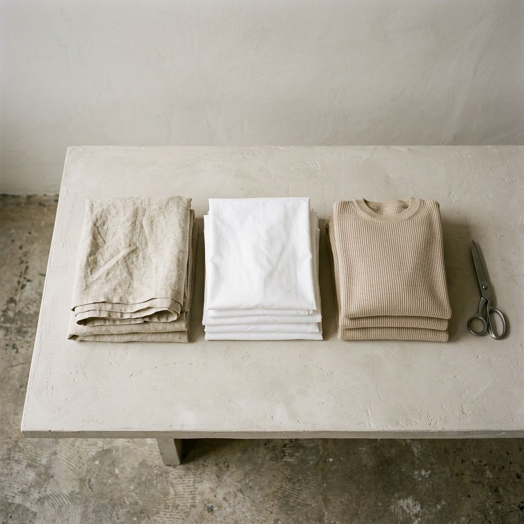 Close-up of washed linen, cotton poplin and merino knit folded on a pale table in raking daylight