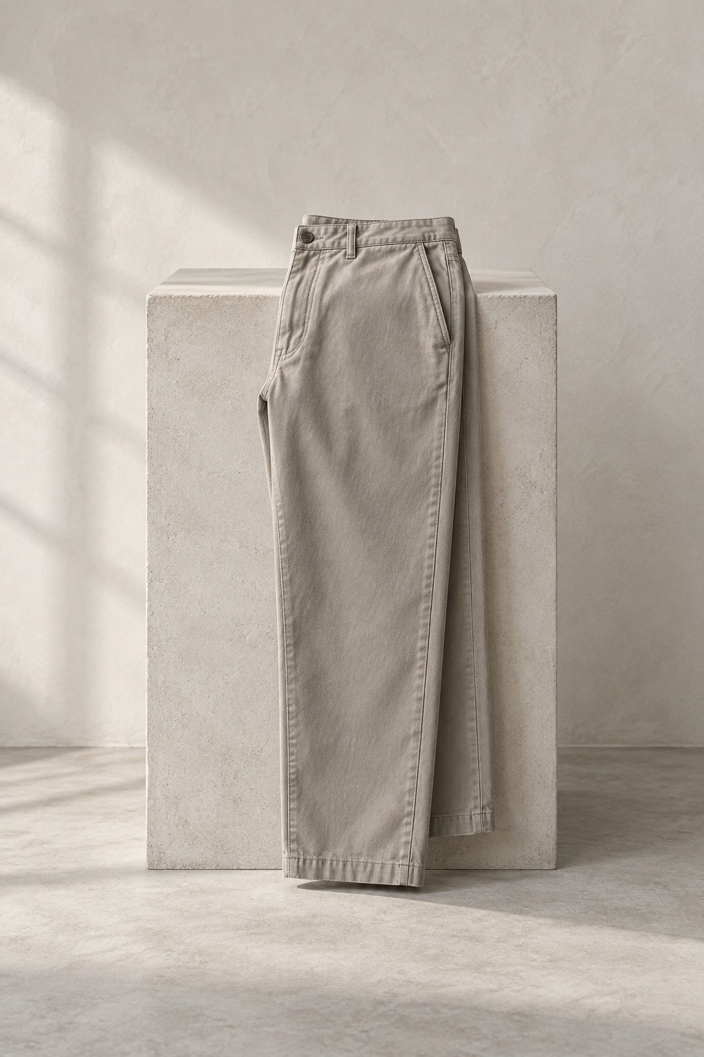 Corran straight chino in stone, folded flat on a pale surface in front of a plaster wall